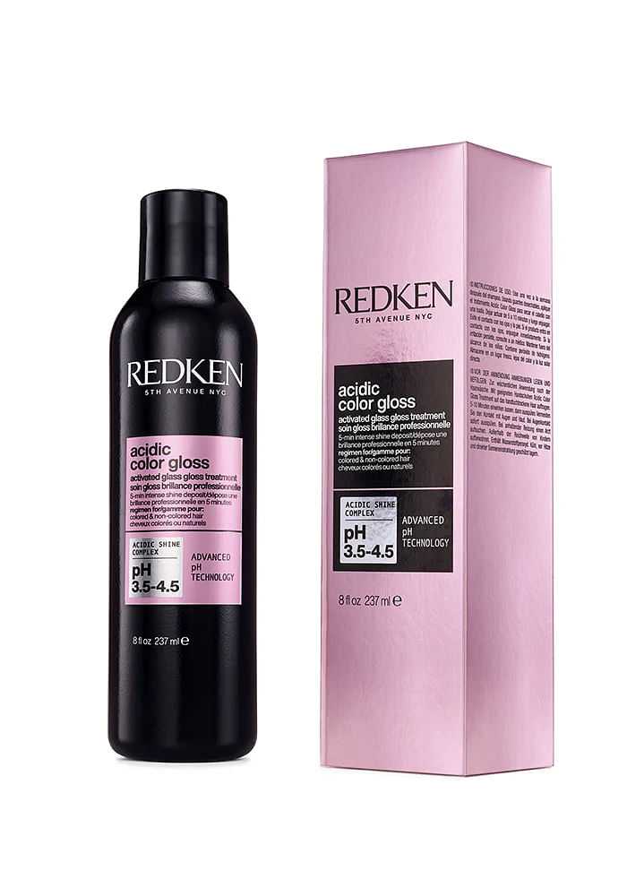 Redken Acidic Color Gloss bottle and packaging, highlighting pH 3.5-4.5 for hair treatment.